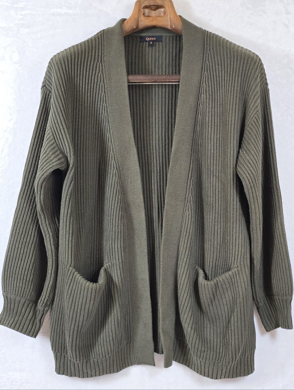 Quince Olive Green 100% Organic Cotton Oversize Fisherman Open Front Cardigan S